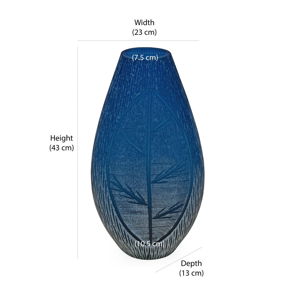 Decorative Leaf Etched Glass Vase Large- Blue