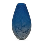Decorative Leaf Etched Glass Vase Large- Blue