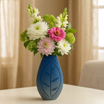 Decorative Leaf Etched Glass Vase Large- Blue