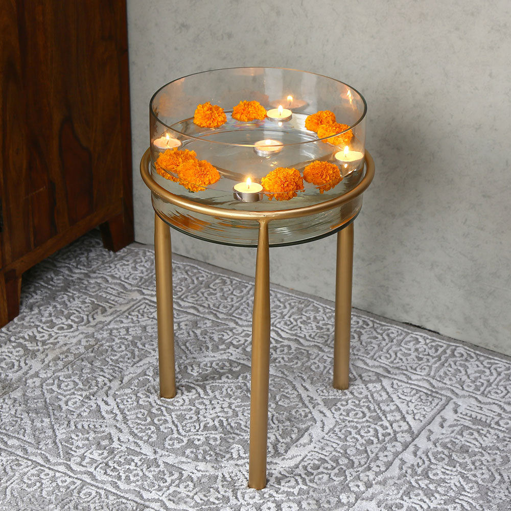 Decorative Metal & Glass Urli With Sleek Stand (Gold)