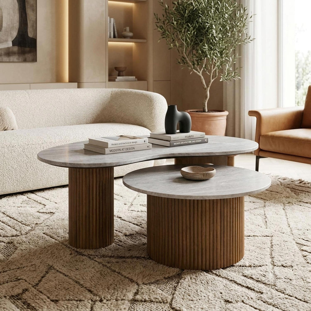 Orbis Marble Top Center Table Set of 2- Walnut