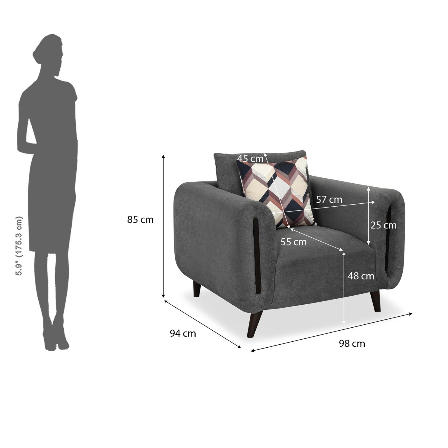 Harper 1 Seater Fabric Sofa- Grey