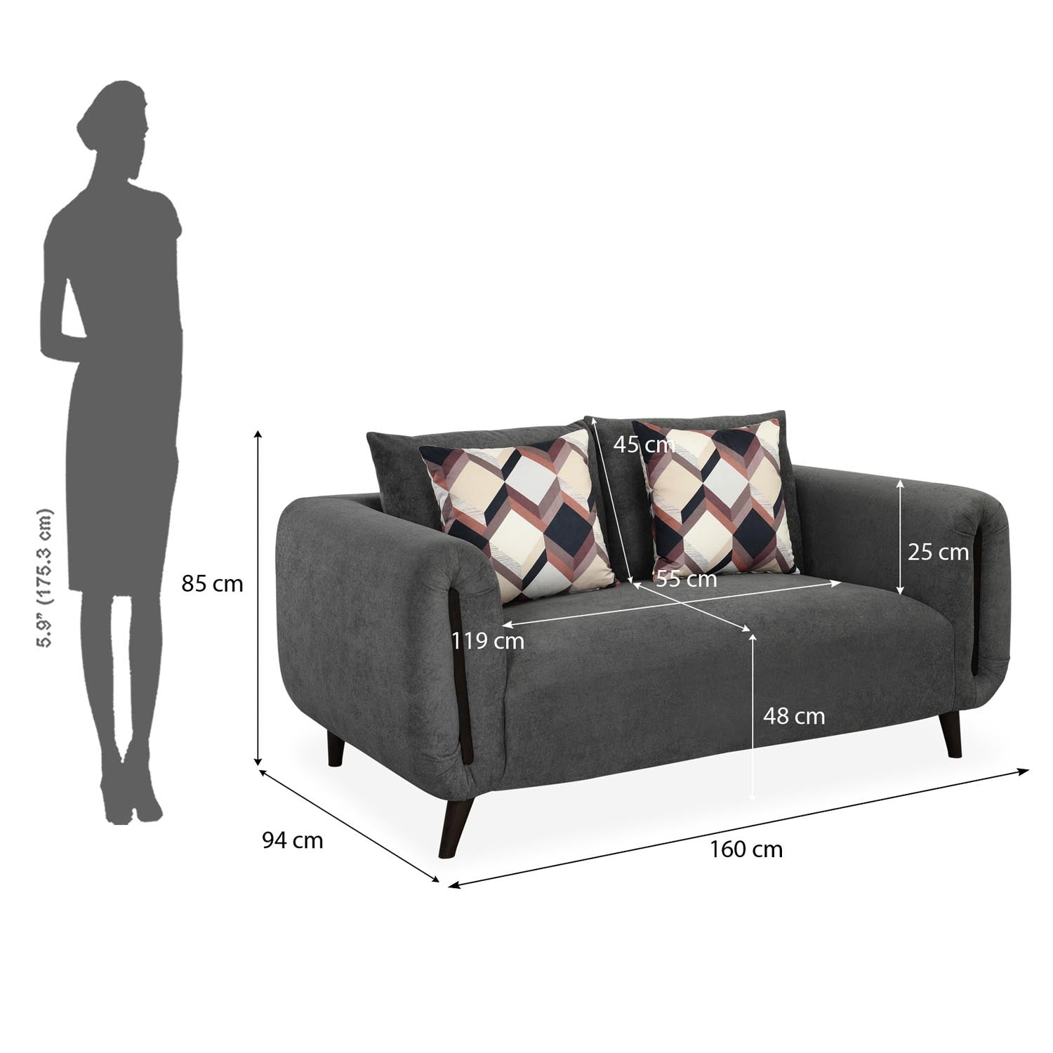 Harper 2 Seater Fabric Sofa- Grey
