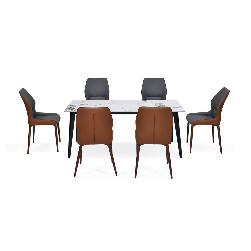 6 Seater Alune Ceramic Dining Set with Quado Base and Ellipse Chairs- Ash White