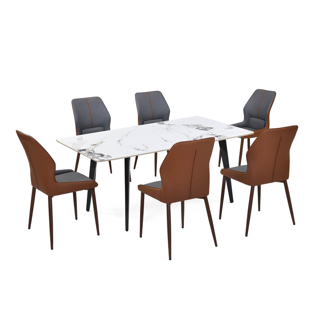 6 Seater Alune Ceramic Dining Set with Quado Base and Ellipse Chairs- Ash White