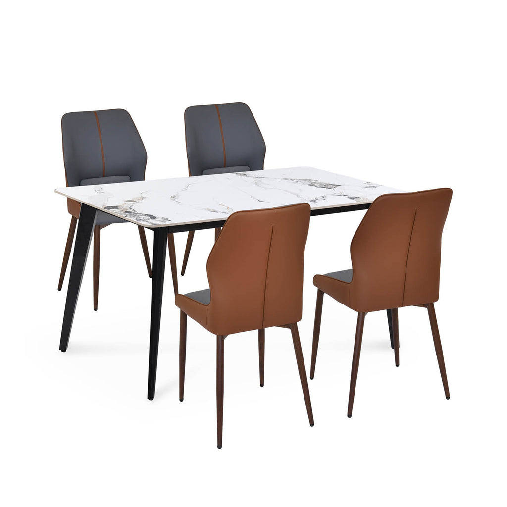 4 Seater Alune Ceramic Dining Set with Quado Base and Ellipse Chairs- Ash White