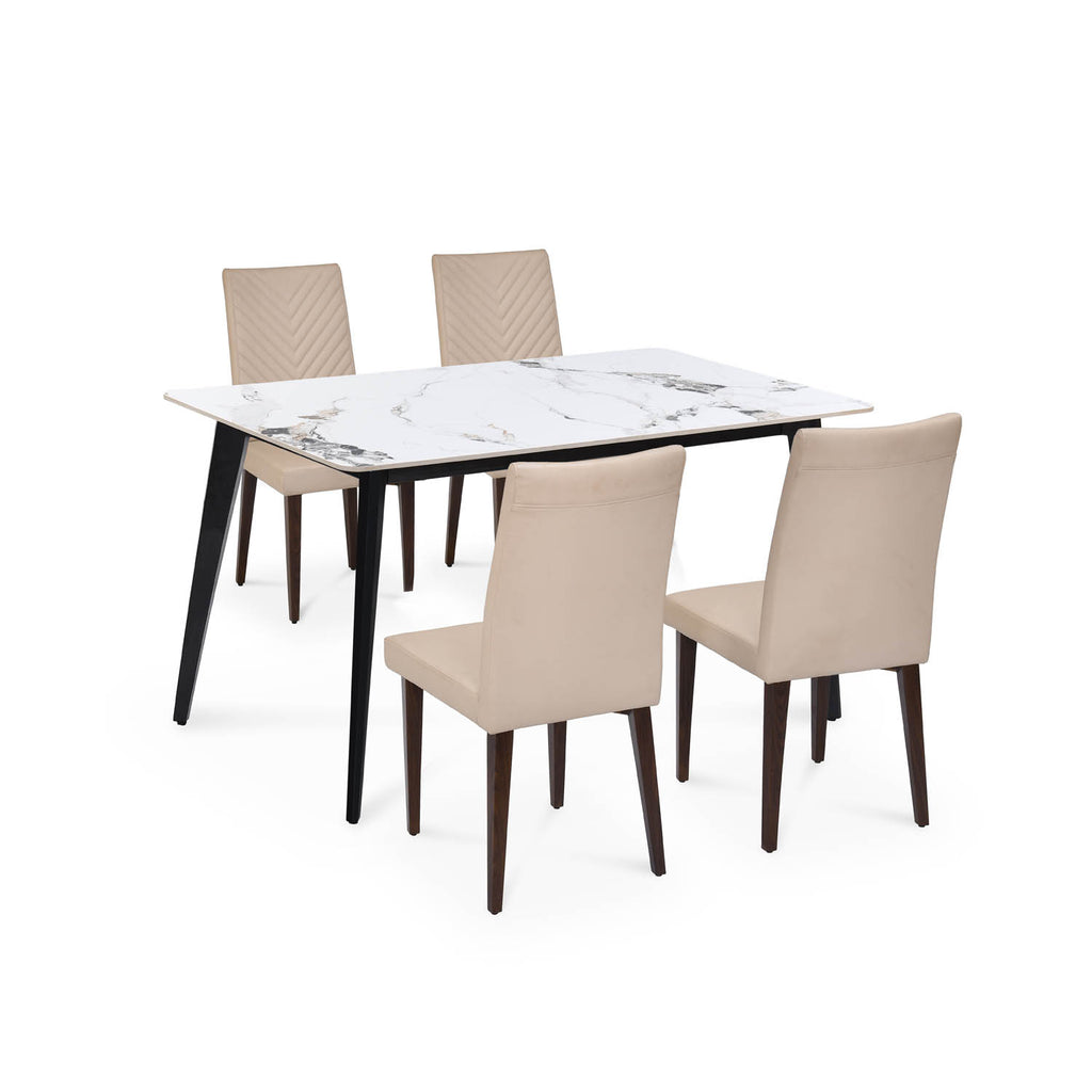 4 Seater Alune Ceramic Dining Set with Quado Base and Linzy Chairs- Ash White