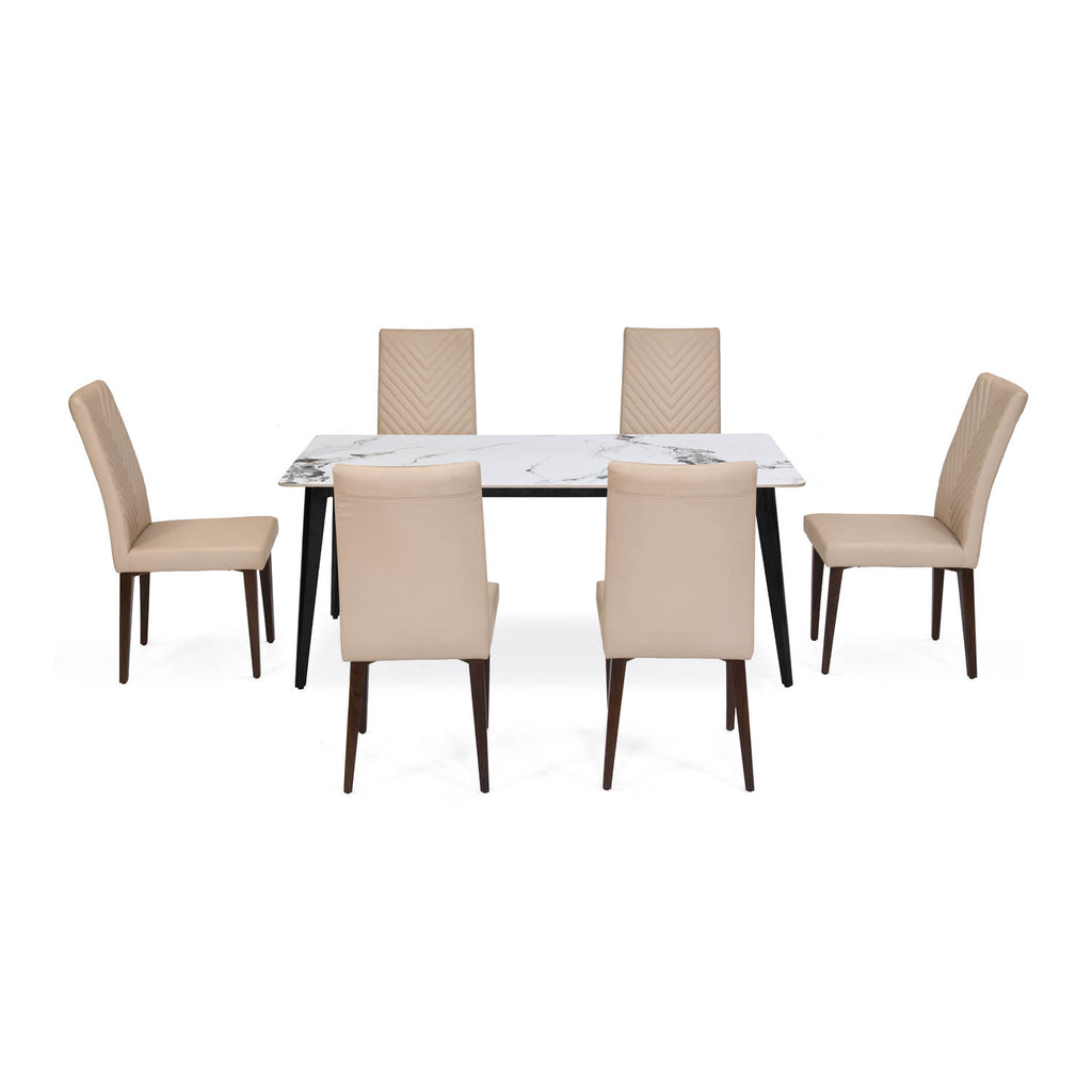 6 Seater Alune Ceramic Dining Set with Quado Base and Linzy Chairs- Ash White
