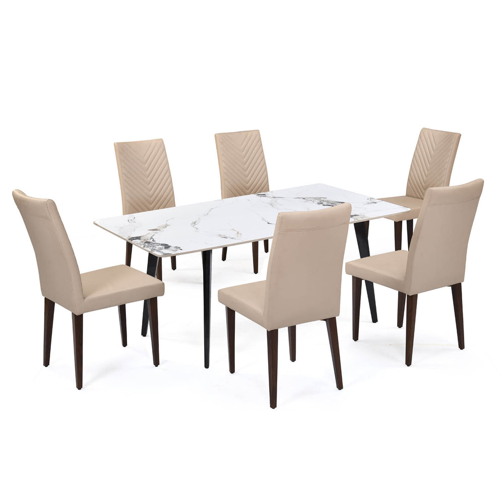 6 Seater Alune Ceramic Dining Set with Quado Base and Linzy Chairs- Ash White