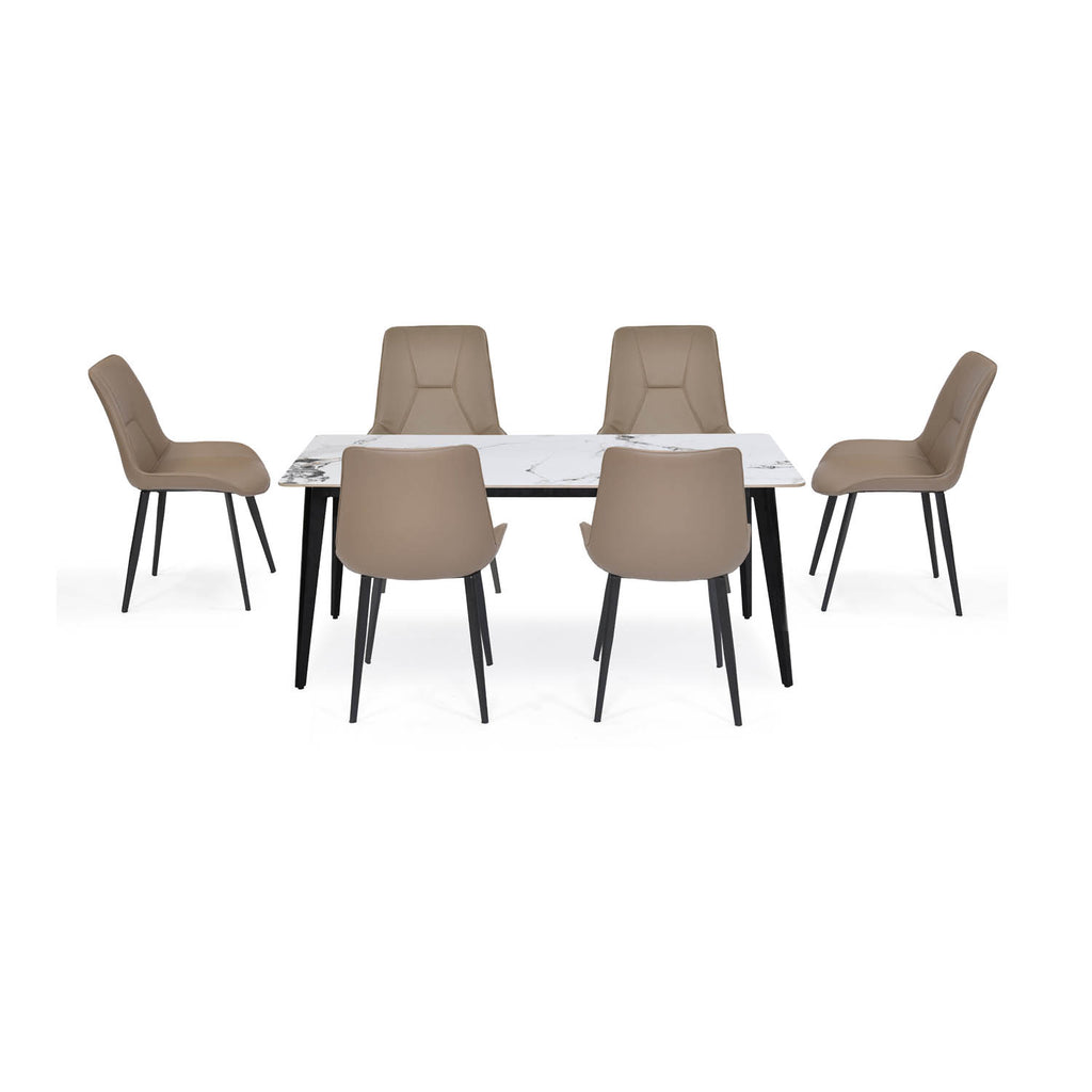 6 Seater Alune Ceramic Dining Set with Quado Base and Nivo Chairs- Ash White