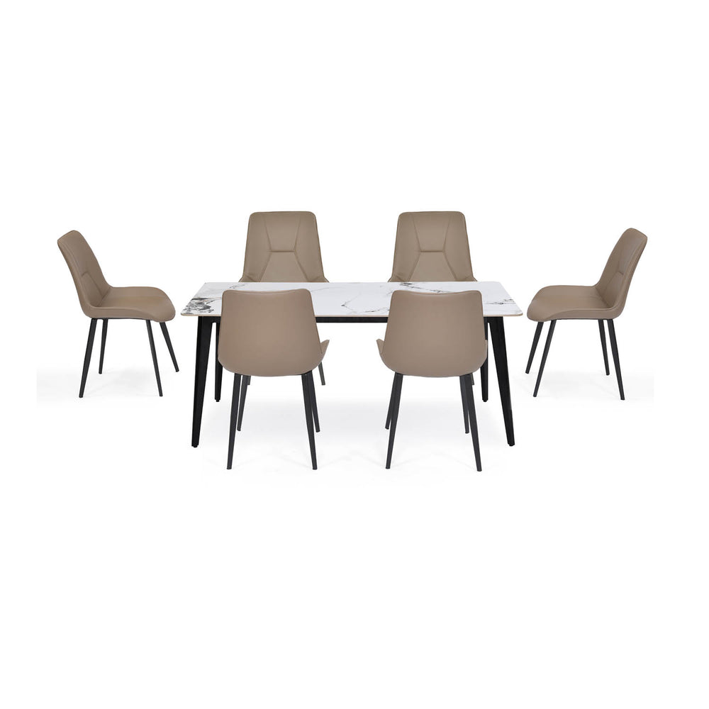 6 Seater Allune Ceramic Dining Set with Quado Base and Nivo Chairs- Ash White
