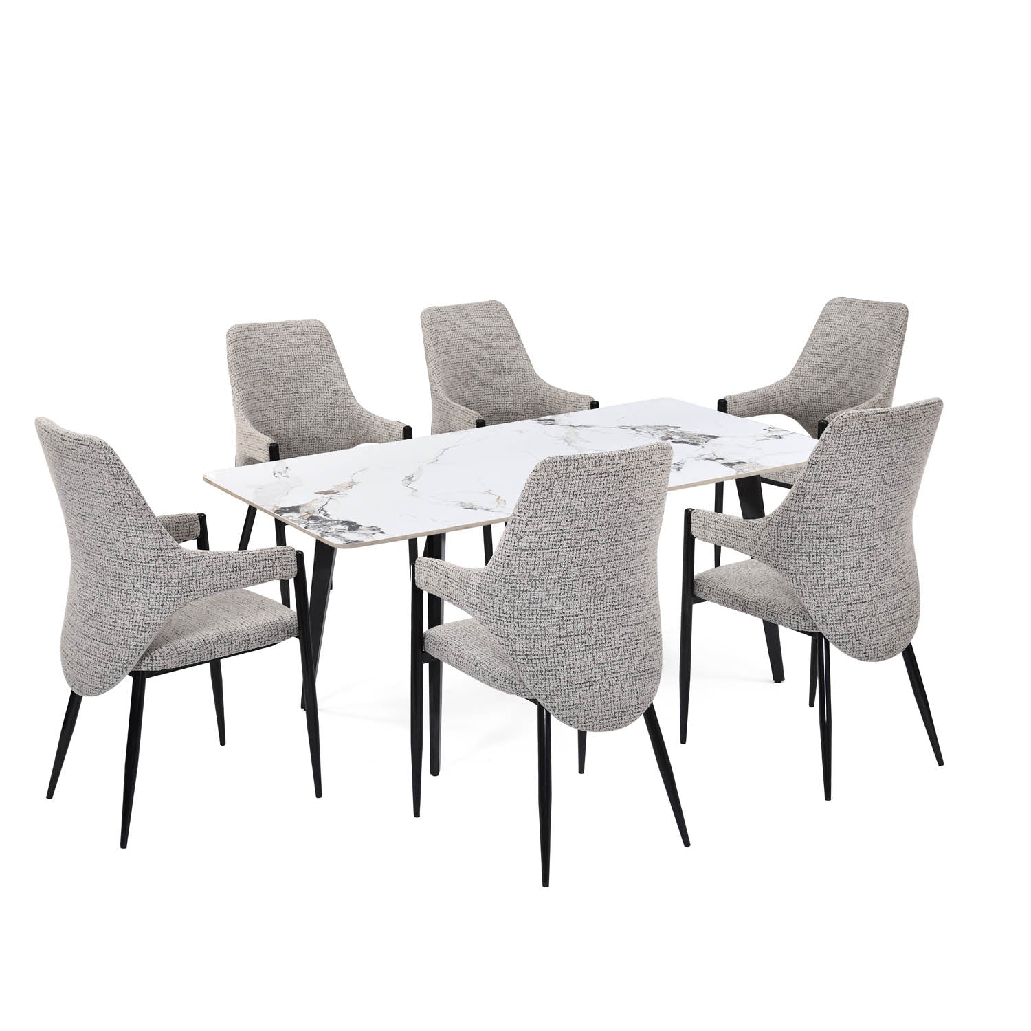 6 Seater Allune Ceramic Dining Set with Quado Base and Tierra Chairs- Ash White