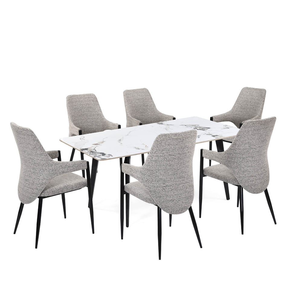6 Seater Alune Ceramic Dining Set with Quado Base and Tierra Chairs- Ash White