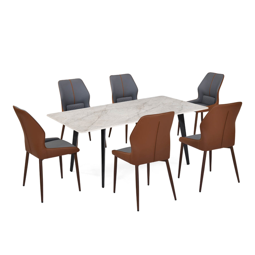 6 Seater Bevon Ceramic Dining Set with Quado Base and Ellipse Chairs- Cloud Beige