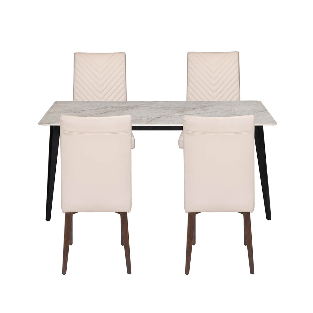4 Seater Bevon Ceramic Dining Set with Quado Base and Linzy Chairs- Cloud Beige