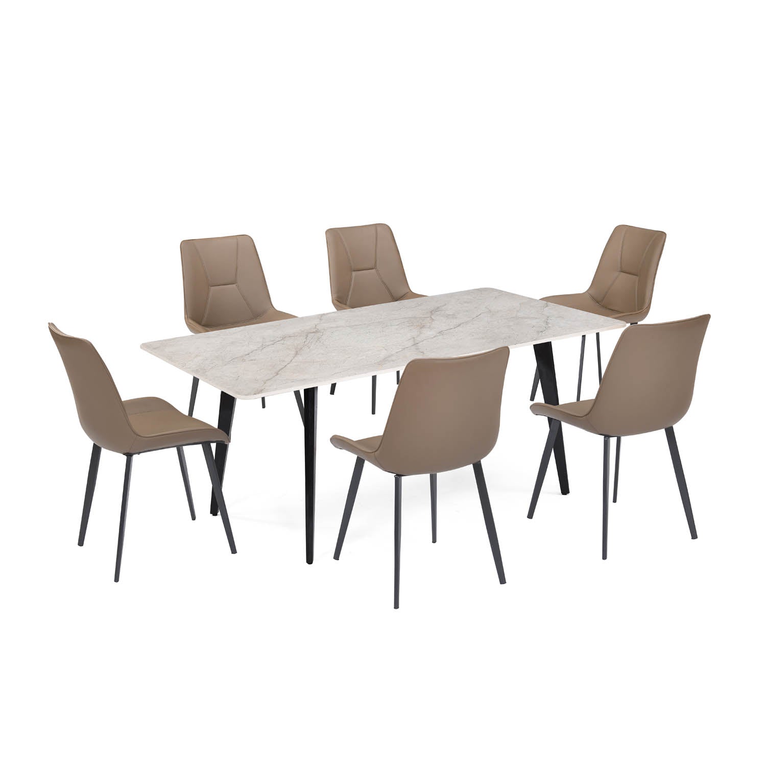 6 Seater Bevon Ceramic Dining Set with Quado Base and Nivo Chairs- Cloud Beige