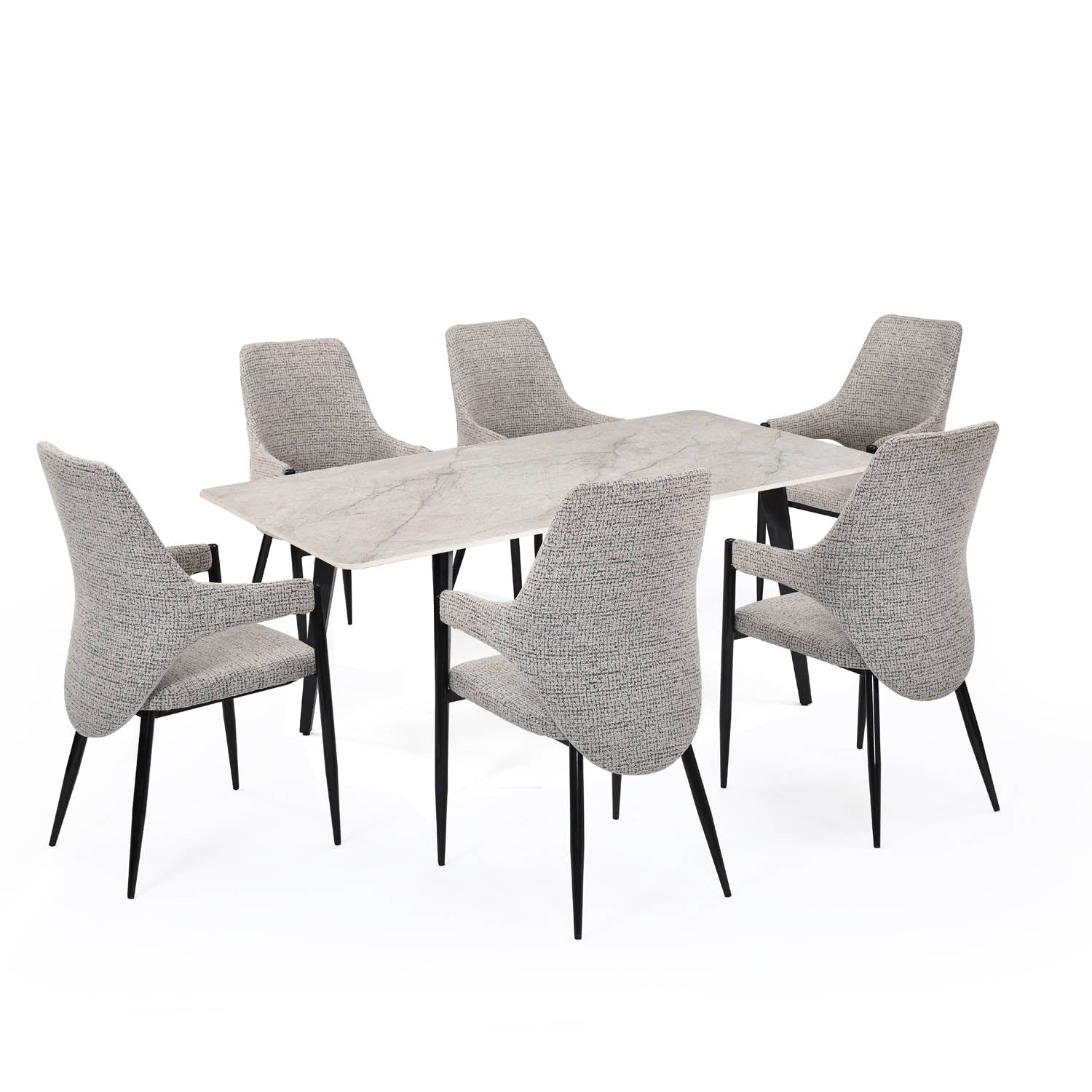 6 Seater Bevon Ceramic Dining Set with Quado Base and Tierra Chairs- Cloud Beige