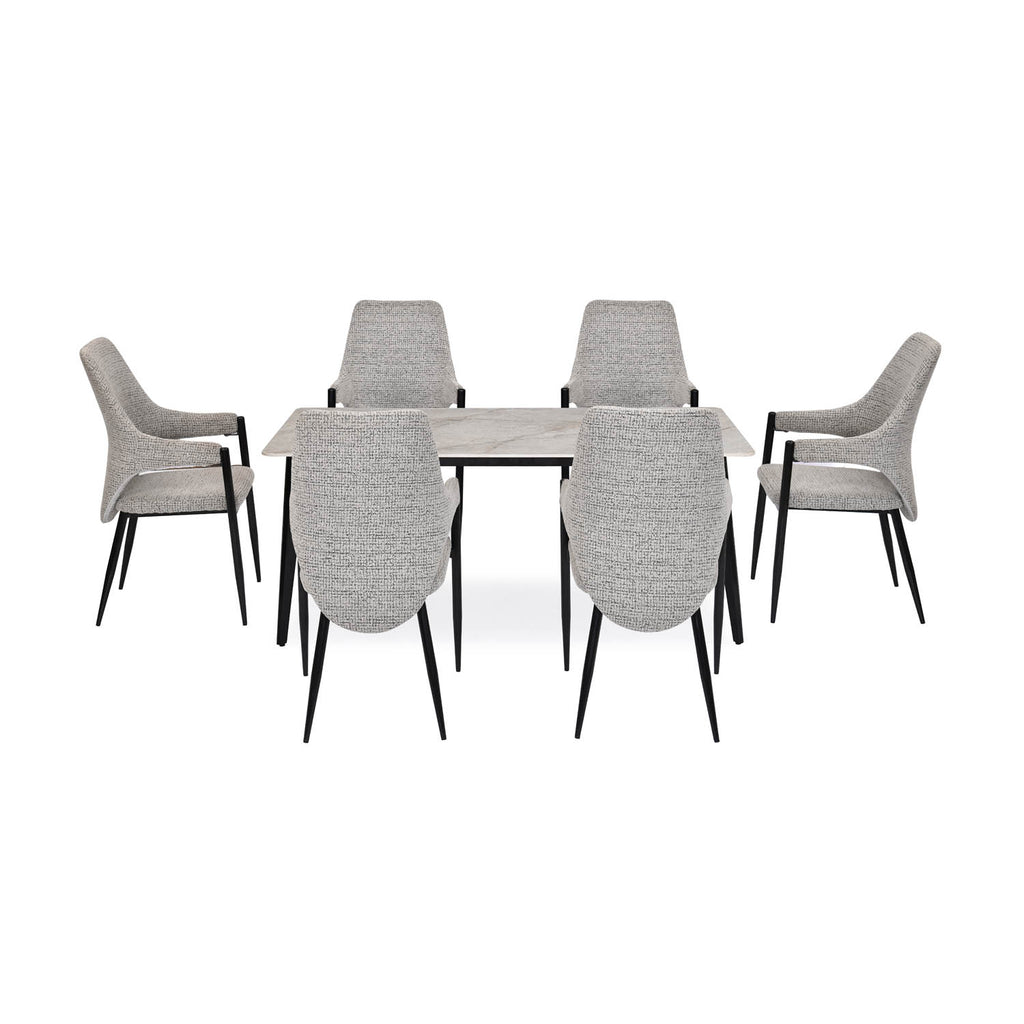 6 Seater Bevon Ceramic Dining Set with Quado Base and Tierra Chairs- Cloud Beige