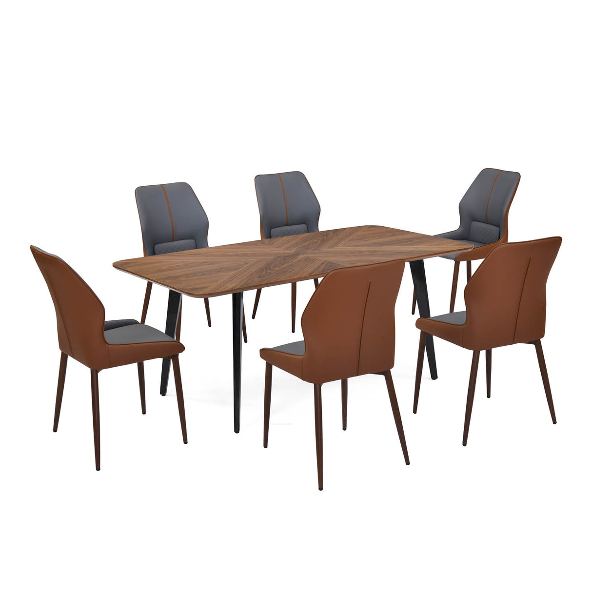 6 Seater Parquel Wooden Dining Set with Quado Base and Ellipse Chairs- Walnut Brown