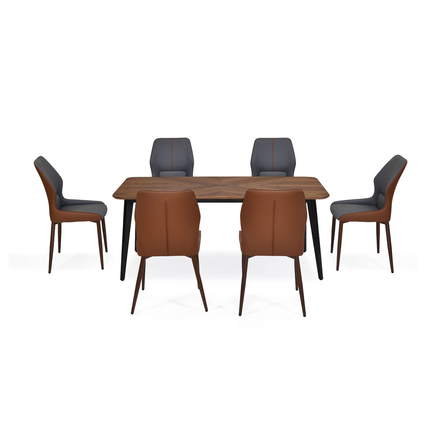6 Seater Parquel Wooden Dining Set with Quado Base and Ellipse Chairs- Walnut Brown