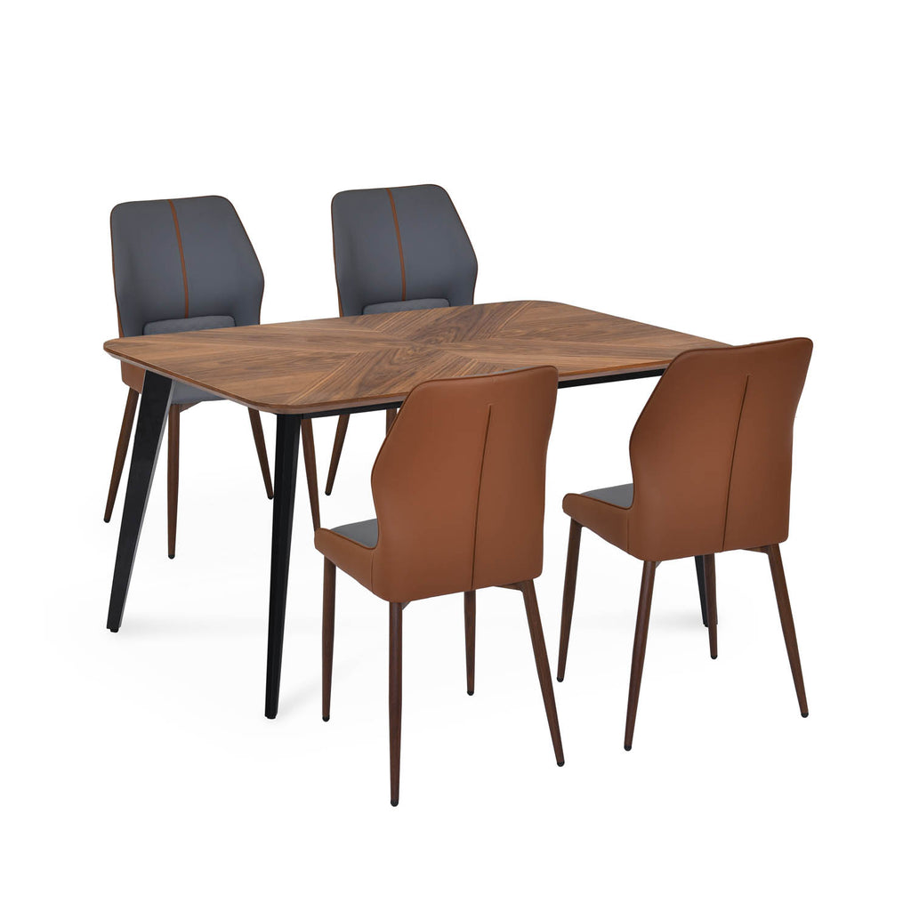 4 Seater Parquel Wooden Dining Set with Quado Base and Ellipse Chairs- Walnut Brown