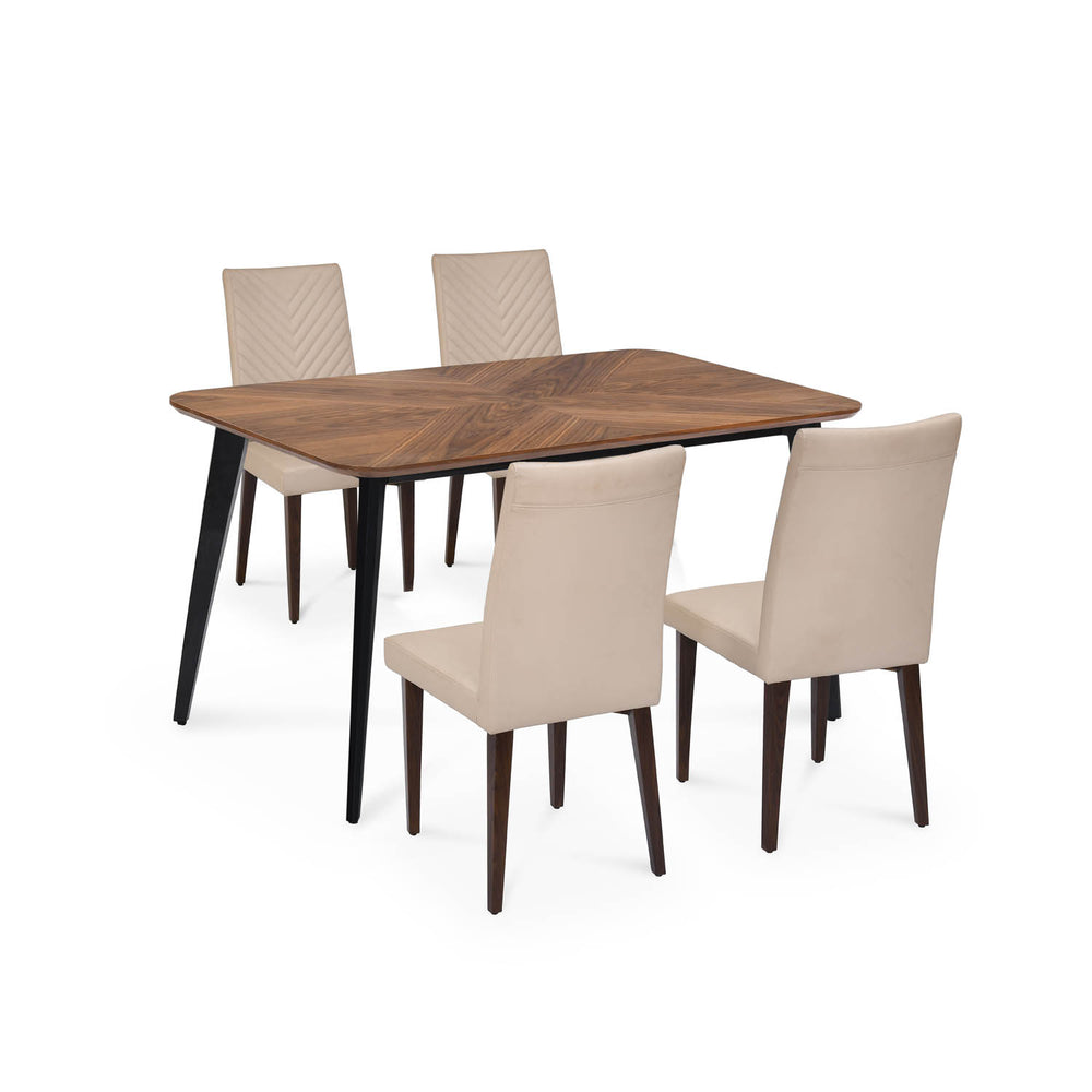4 Seater Parquel Wooden Dining Set with Quado Base and Linzy Chairs- Walnut Brown