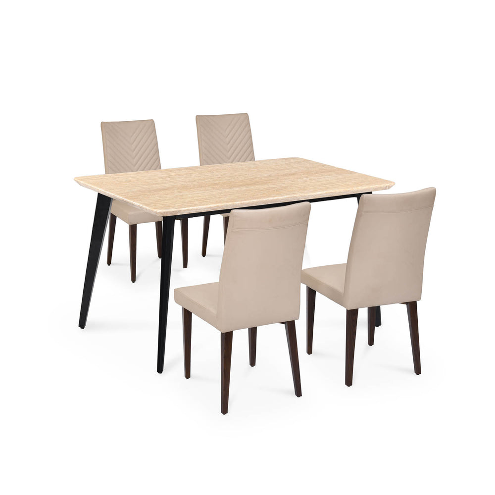 4 Seater Trava Marble Dining Set with Quado Base and Linzy Chairs- Travertine