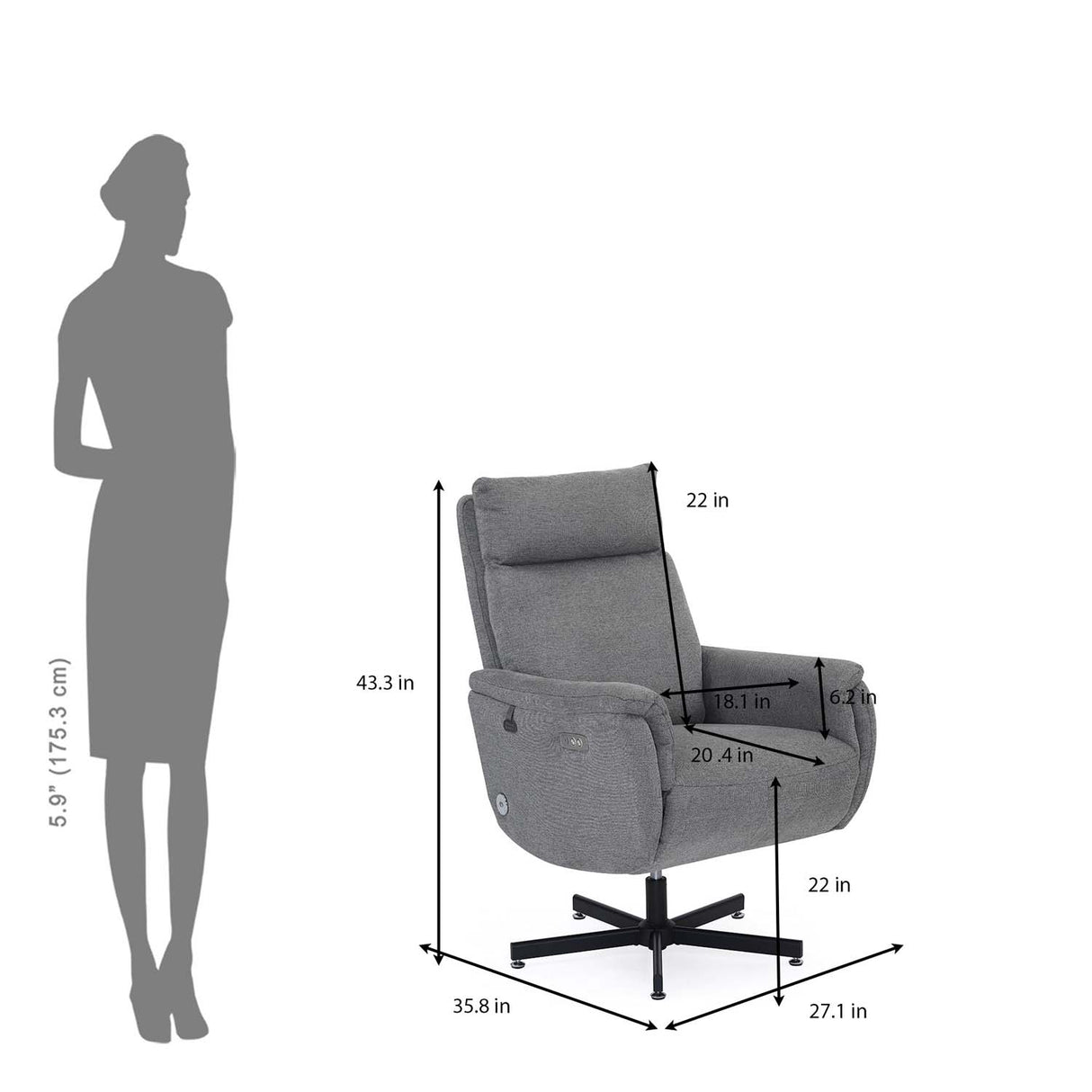 Regno 1 Seater 360-Degree Swivel Electric Recliner - Grey