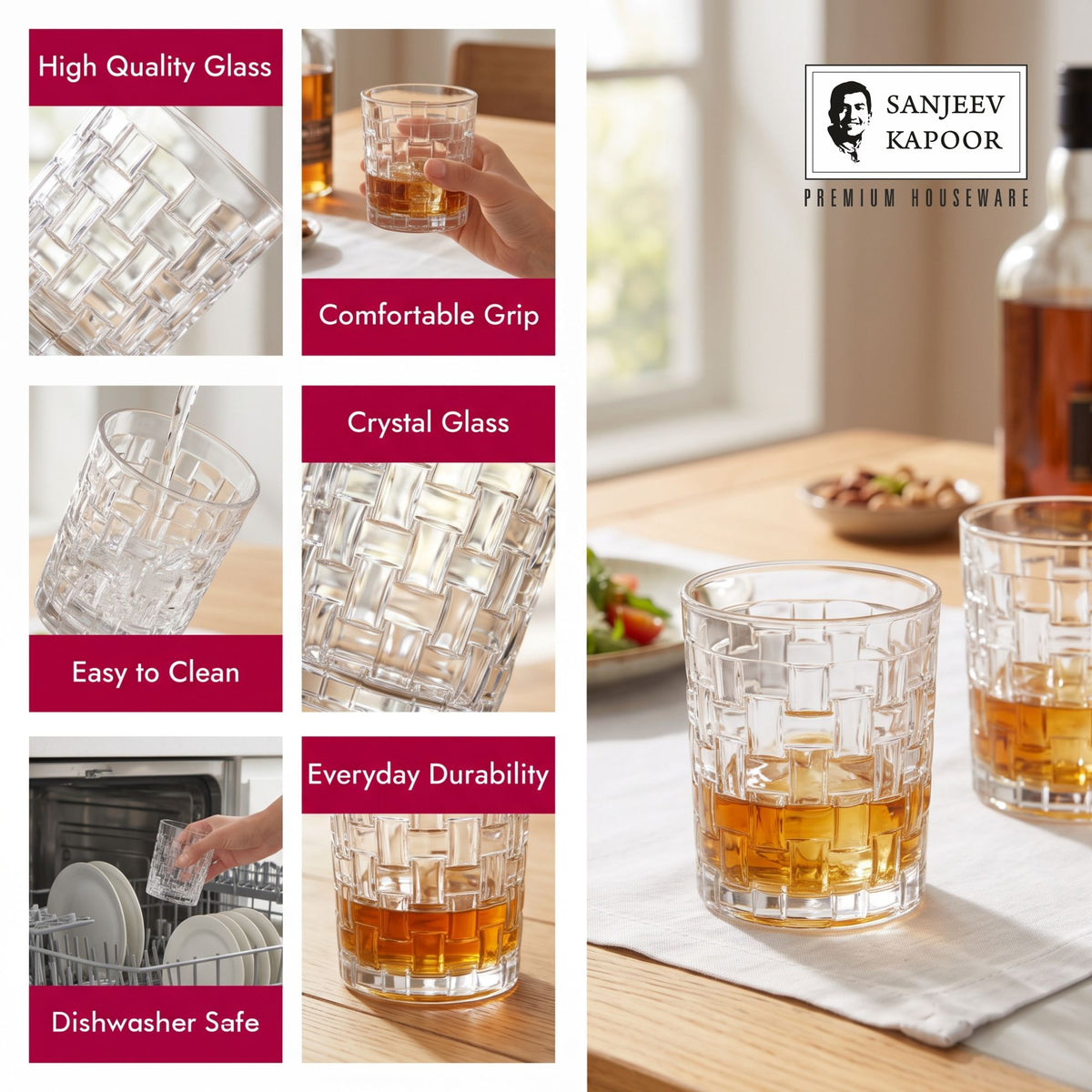 Sanjeev Kapoor Bosa Nova Whisky Glasses Set of 6- 330 ml, Transparent