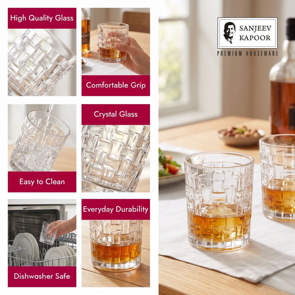 Sanjeev Kapoor Bosa Nova Whisky Glasses Set of 6- 330 ml, Transparent