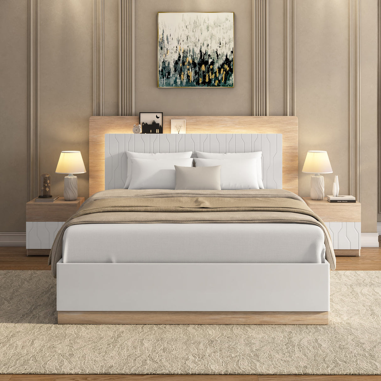 Tron King Bed with Hydraulic Storage- Travertine & White