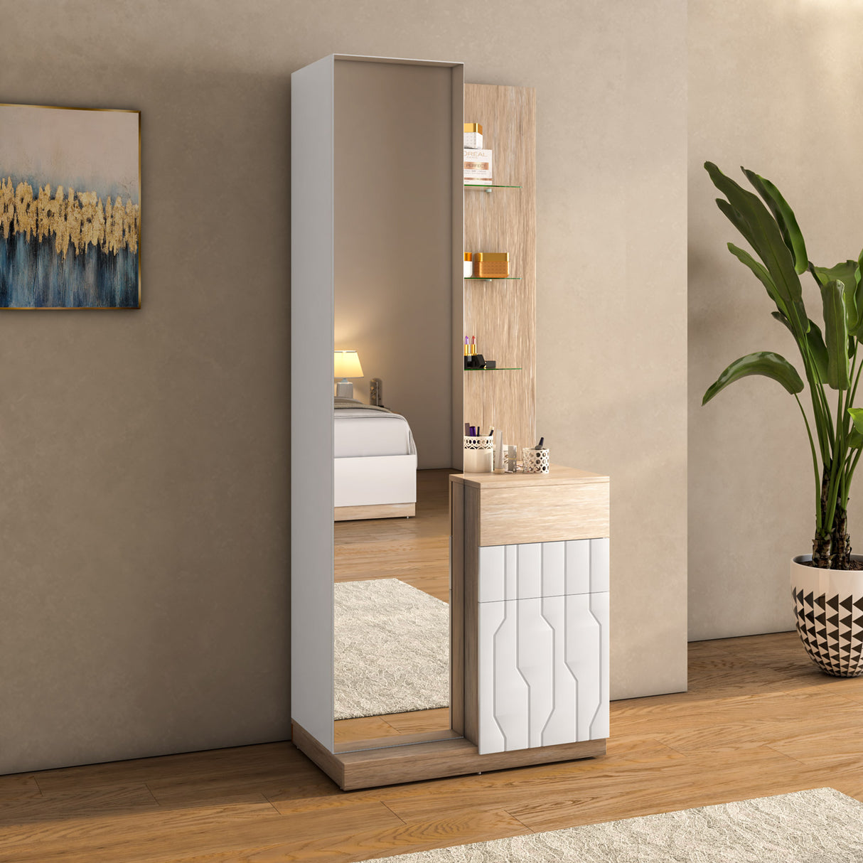 Tron Engineered Wood Dresser- Travertine & White