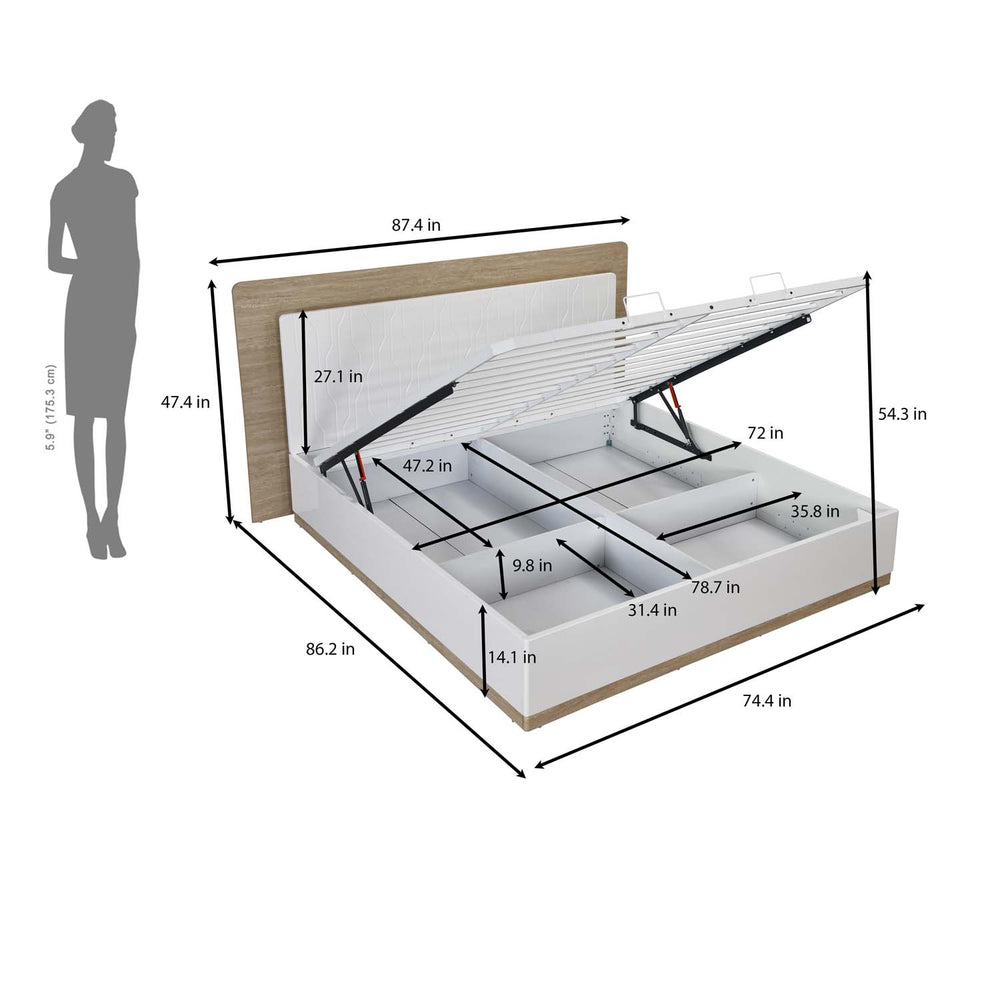 Tron King Bed with Hydraulic Storage- Travertine & White