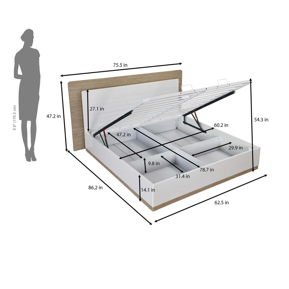 Tron Queen Bed with Hydraulic Storage- Travertine & White