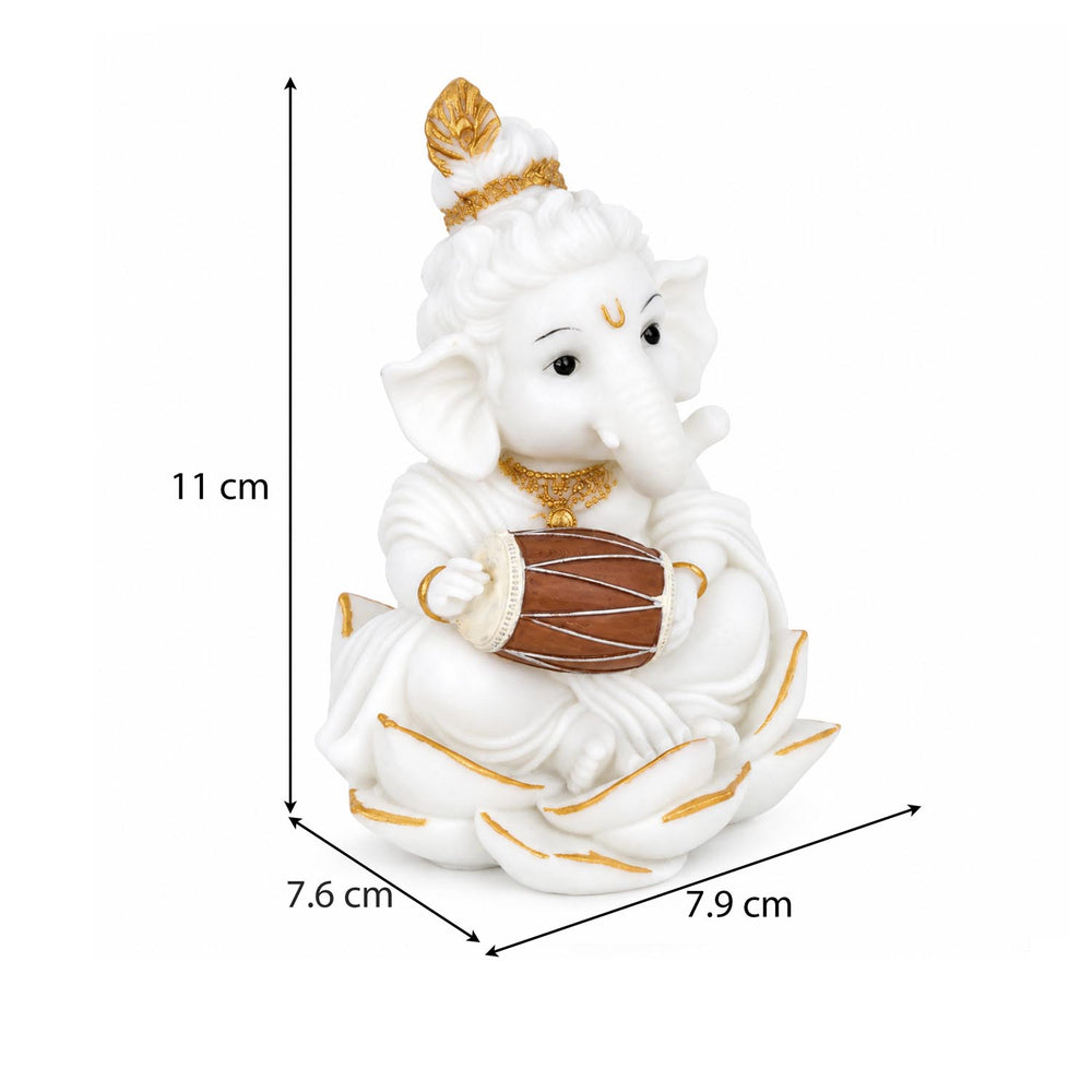 Vandanam Decorative Ganesha with Dhol Showpiece- White & Gold