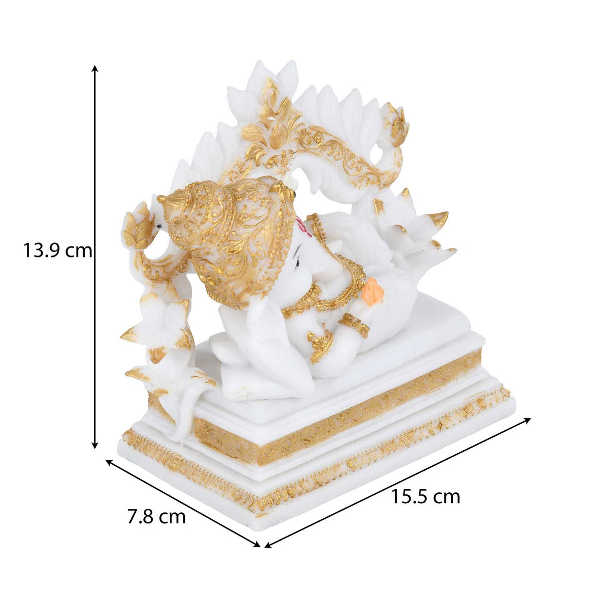 Vandanam Decorative Resting Ganesha with Modak Showpiece- White & Gold
