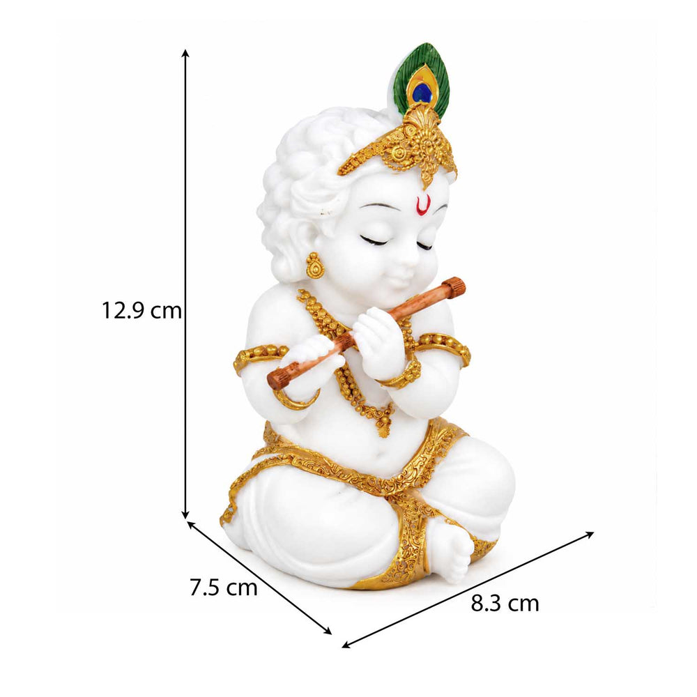 Vandanam Decorative Baby Krishna with Flute Showpiece- White & Gold