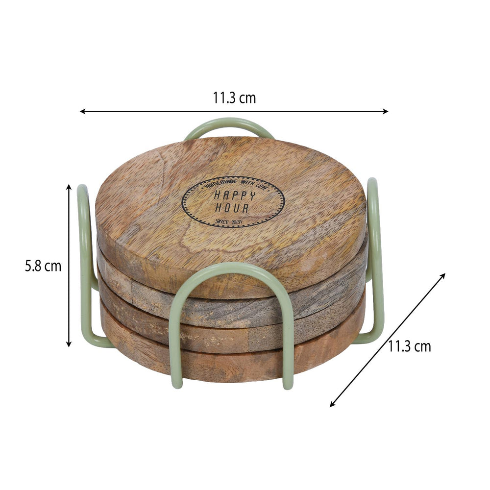 Happy Hour Wooden Printed Coaster Set of 4 with Stand- Sage Green