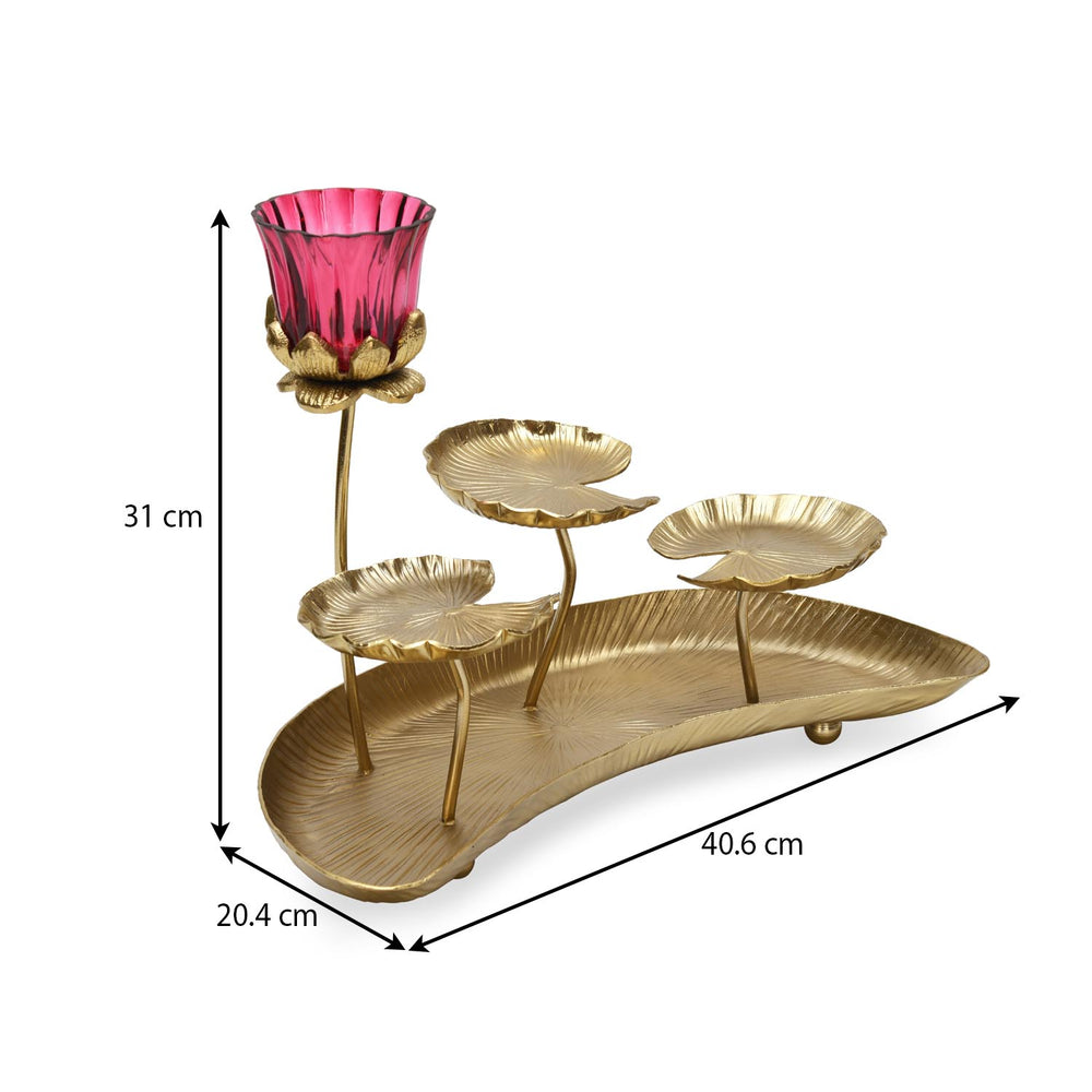 Deocrative Platter with One Lotus Votive- Gold