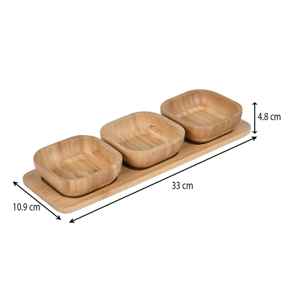 Bamboo Serving Plate with 3 Bowls- Beige