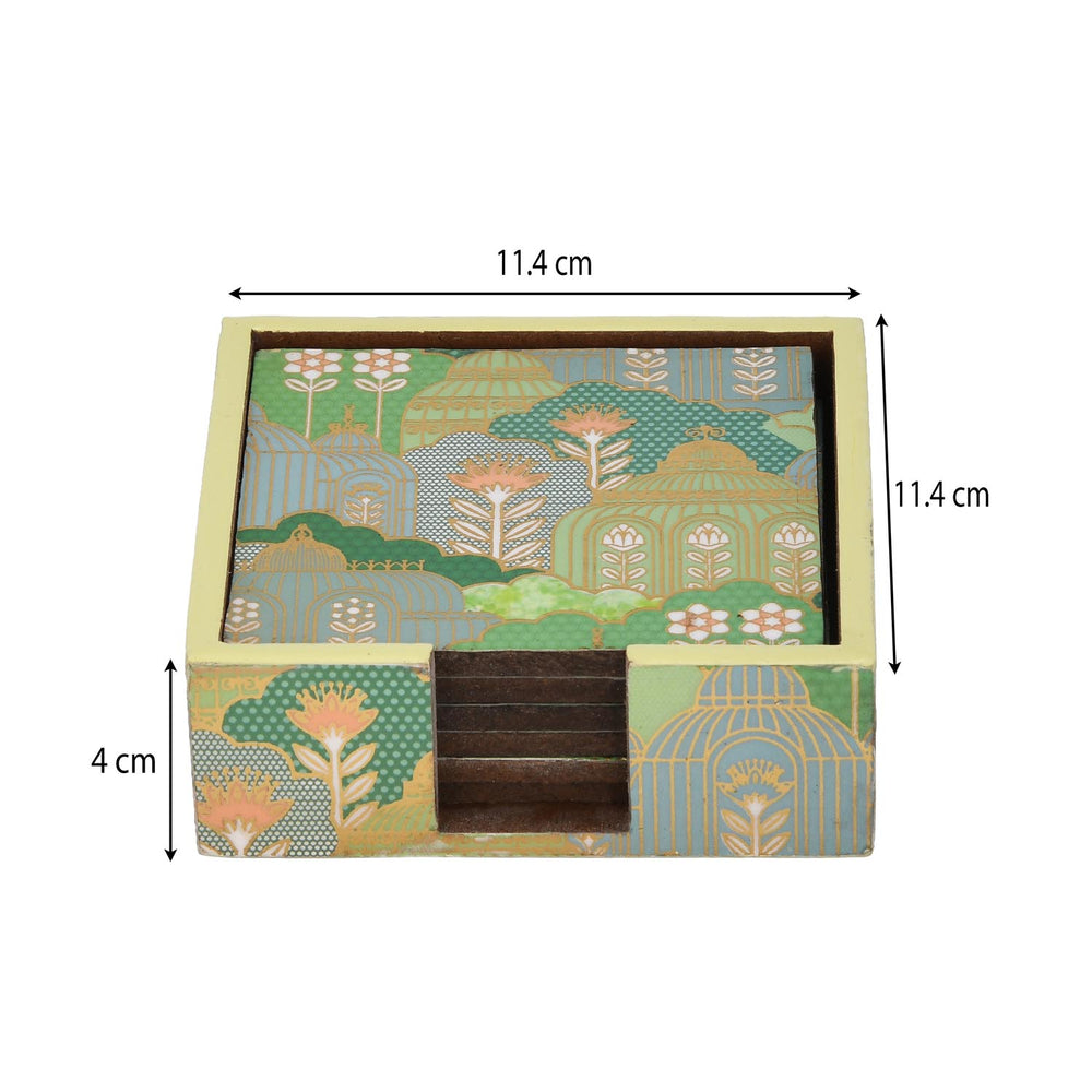 Decorative Coaster Set of 4 with Holder- Green