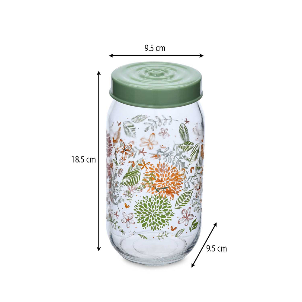 Botanical Print 1000 ml Glass Cannister with Lid- Green