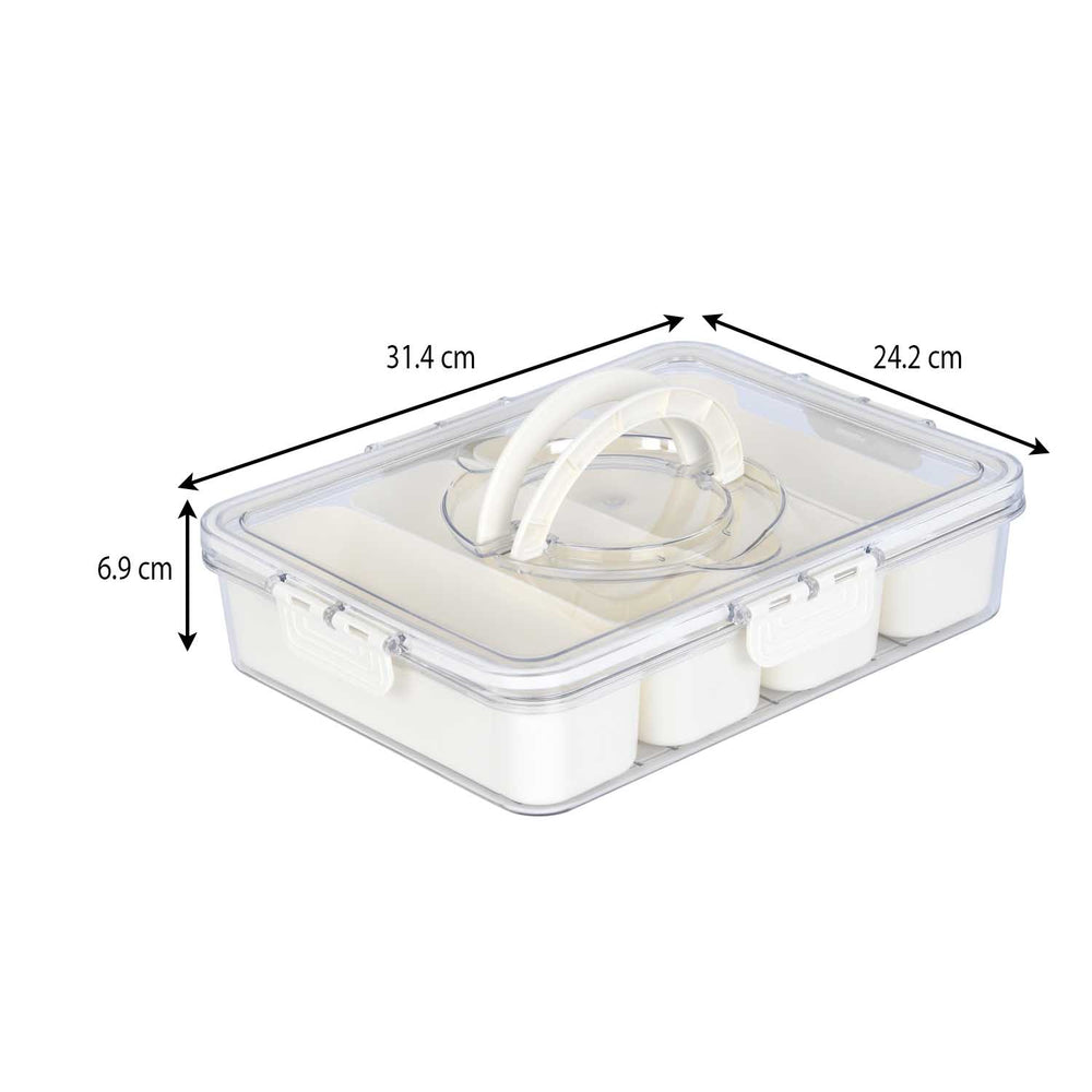 Rectangular 4 Compartment Storage Cannister with Lid and Handle-Cream
