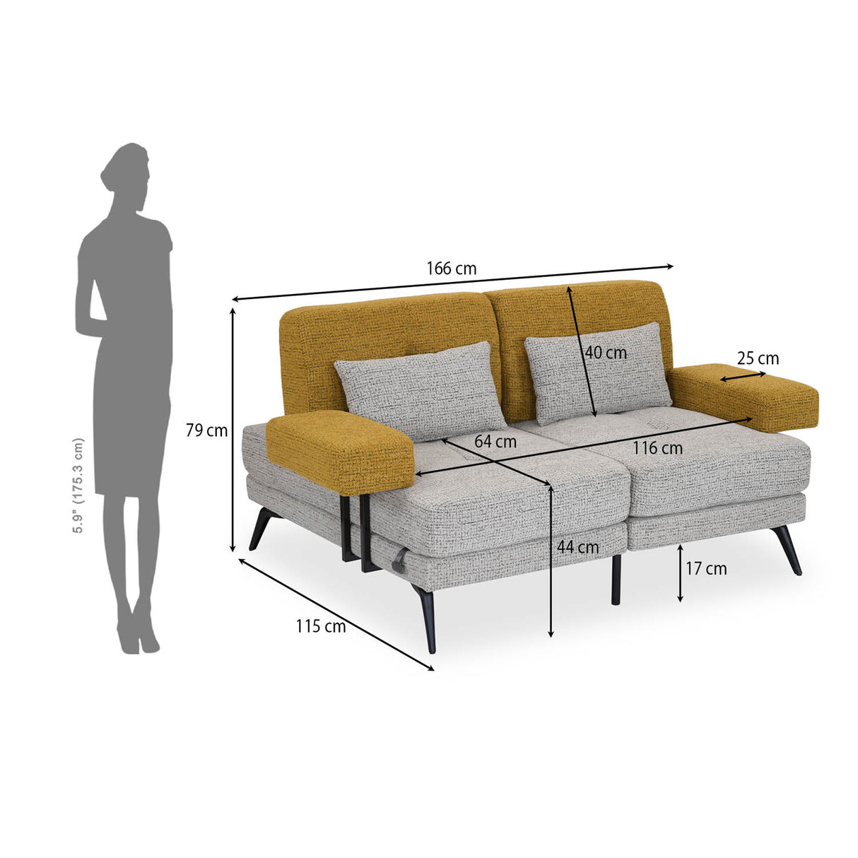Nocta 2 Seater Fabric Sofa- Mustard and Grey