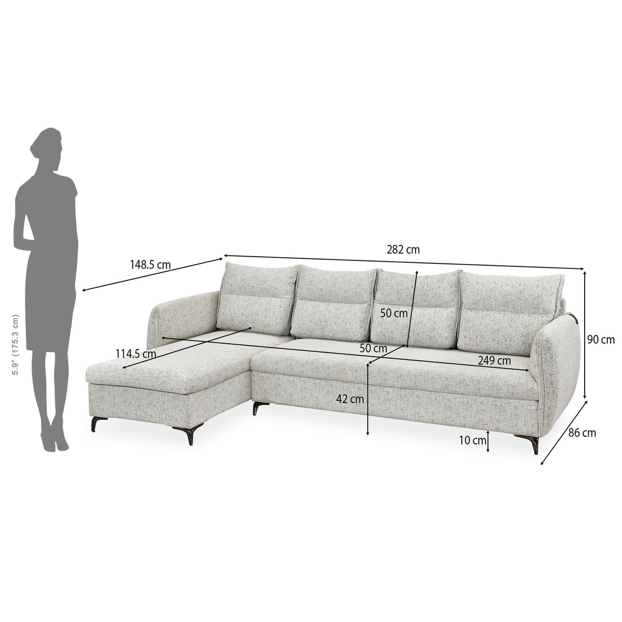 Infinia 4 Seater Fabric Sofa with Right Lounger -Off White