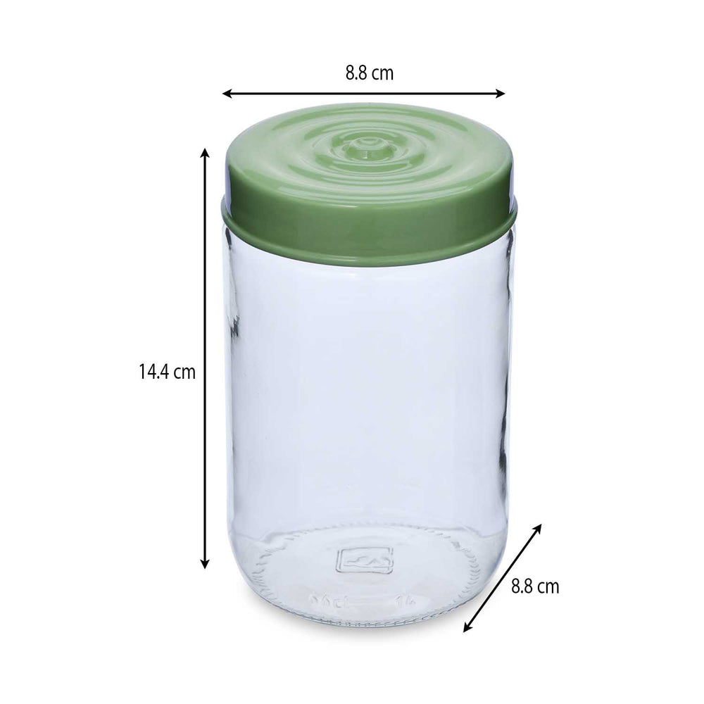 Multipurpose 660 ml Glass Cannister with Lid- Transparent & Green