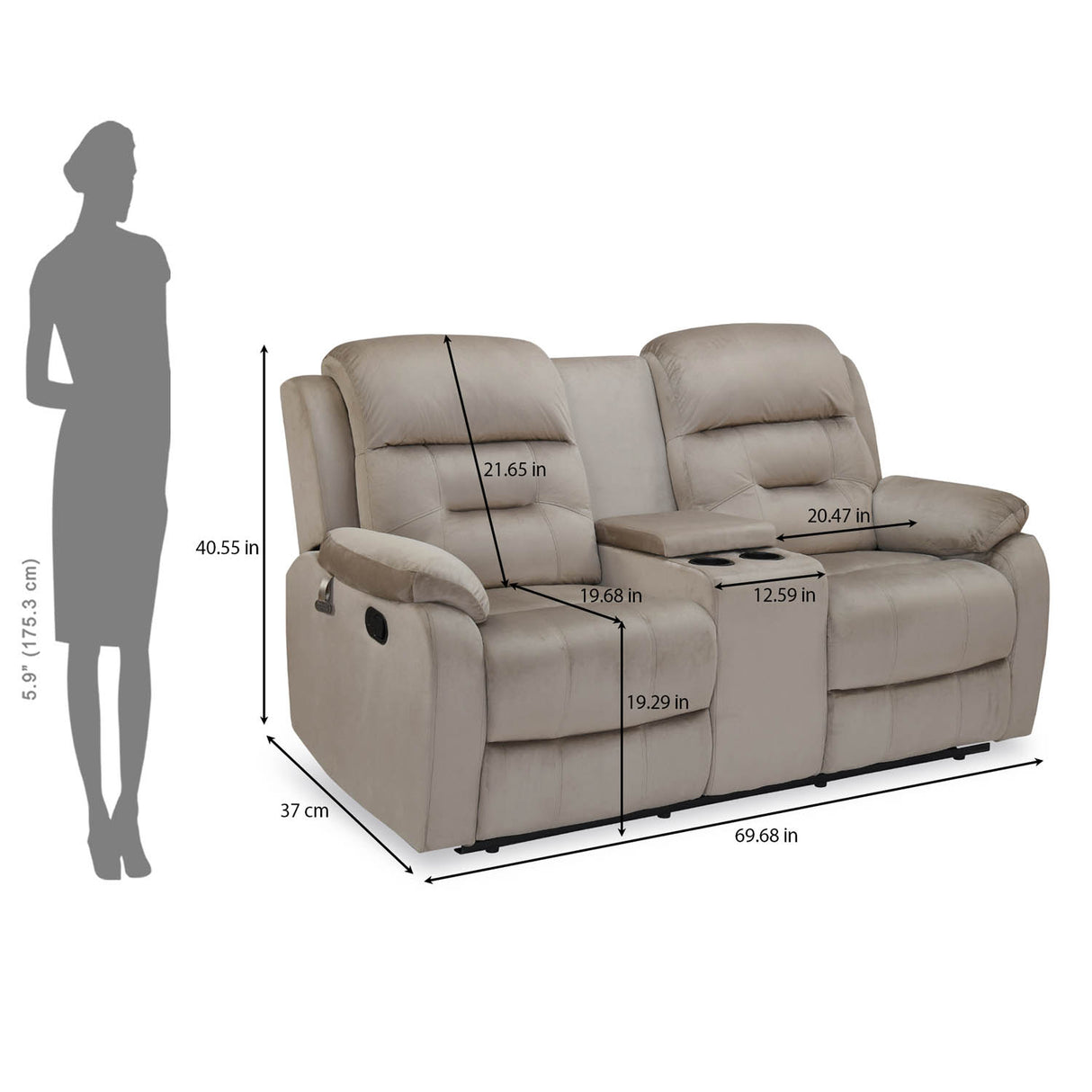 Rosia 2 Seater Recliner Sofa with Console- Light Brown