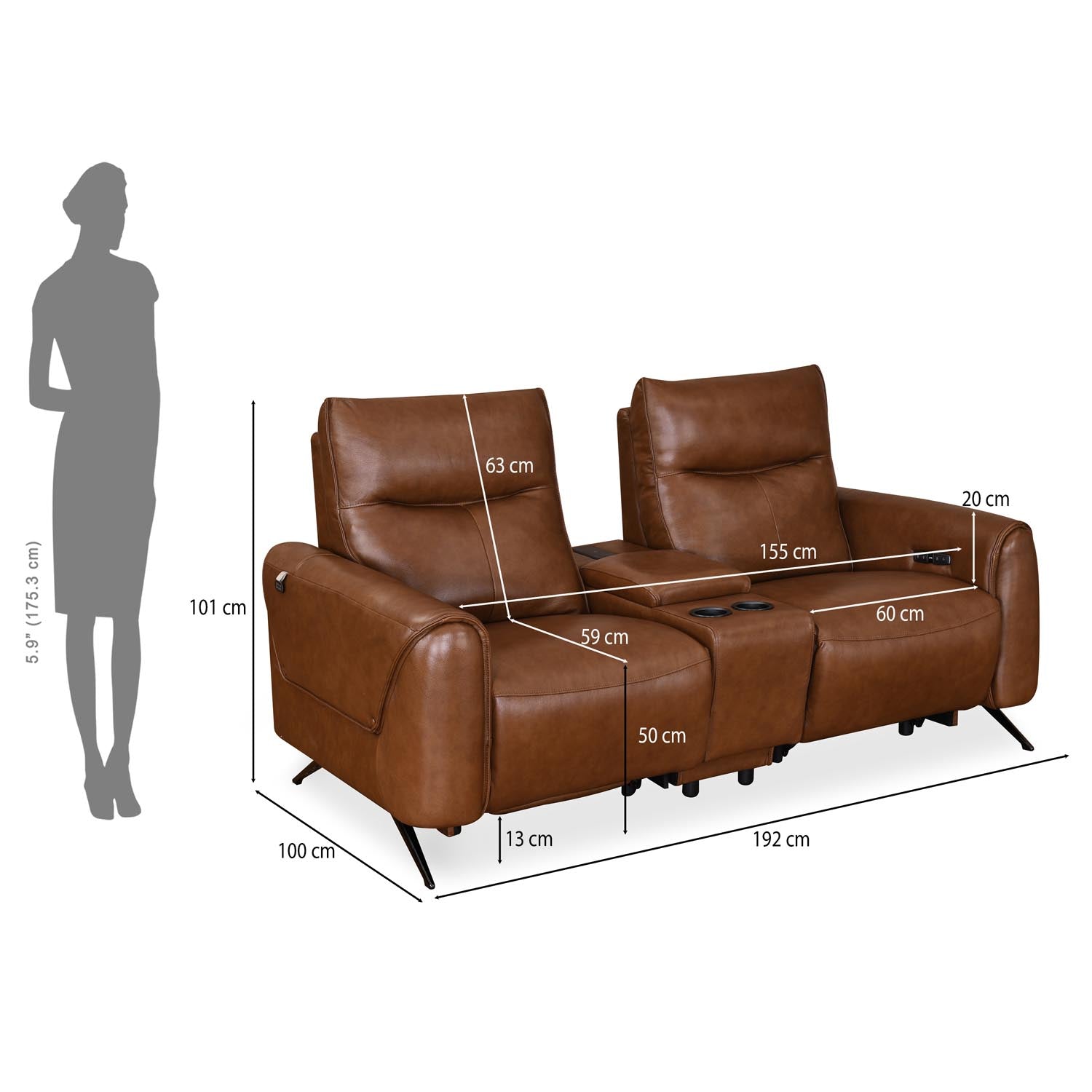 Beatrix 2 Seater Dual Motor Electric Recliner with Console- Brown