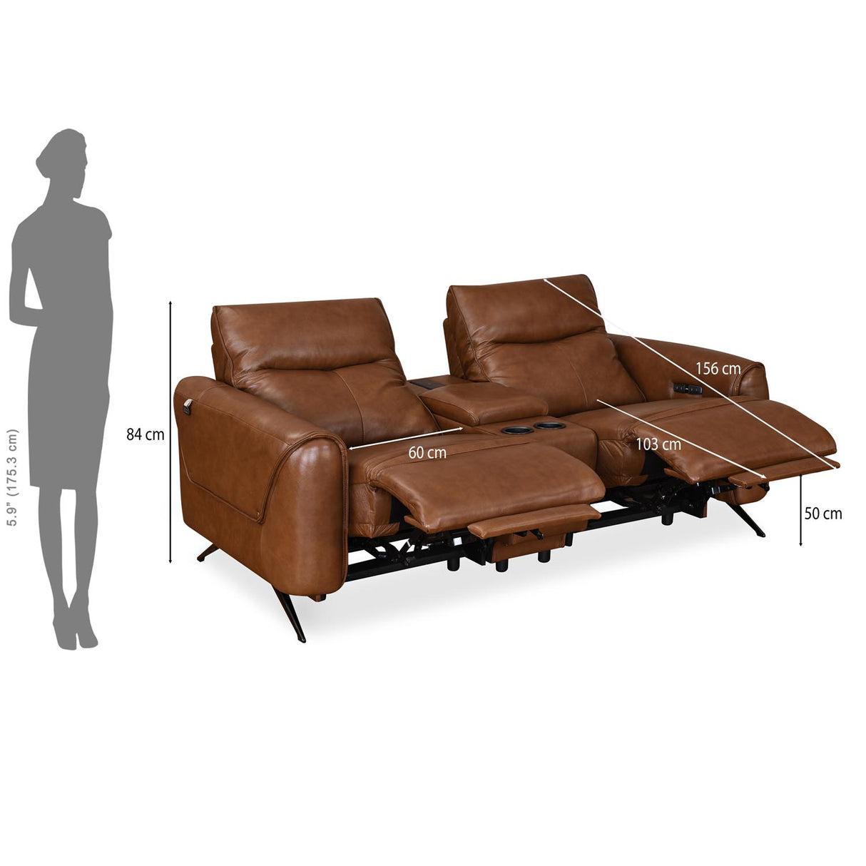 Beatrix 2 Seater Dual Motor Electric Recliner with Console- Brown