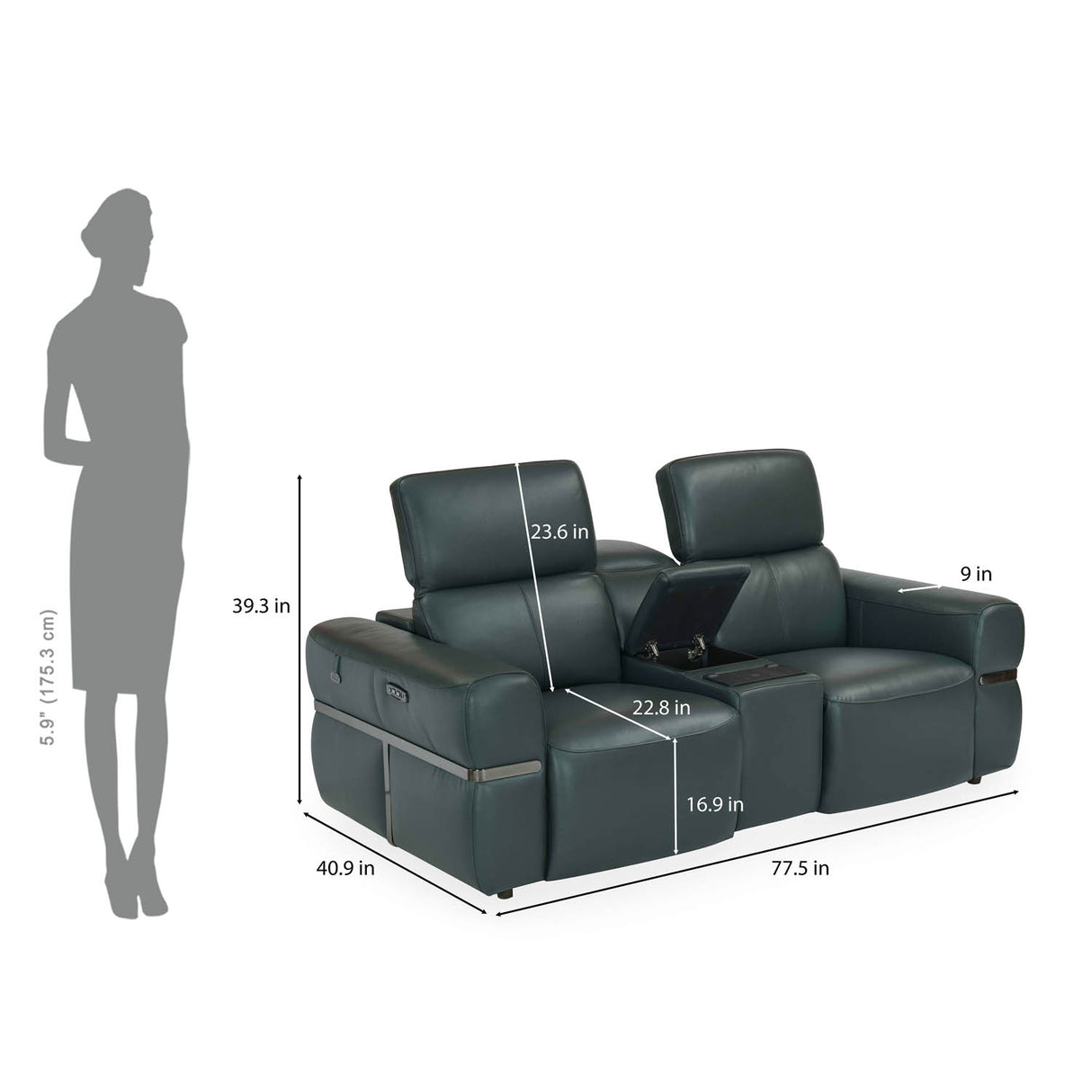 Castel 2 Seater Leather Electric Sofa Recliner with Storage Console- Green